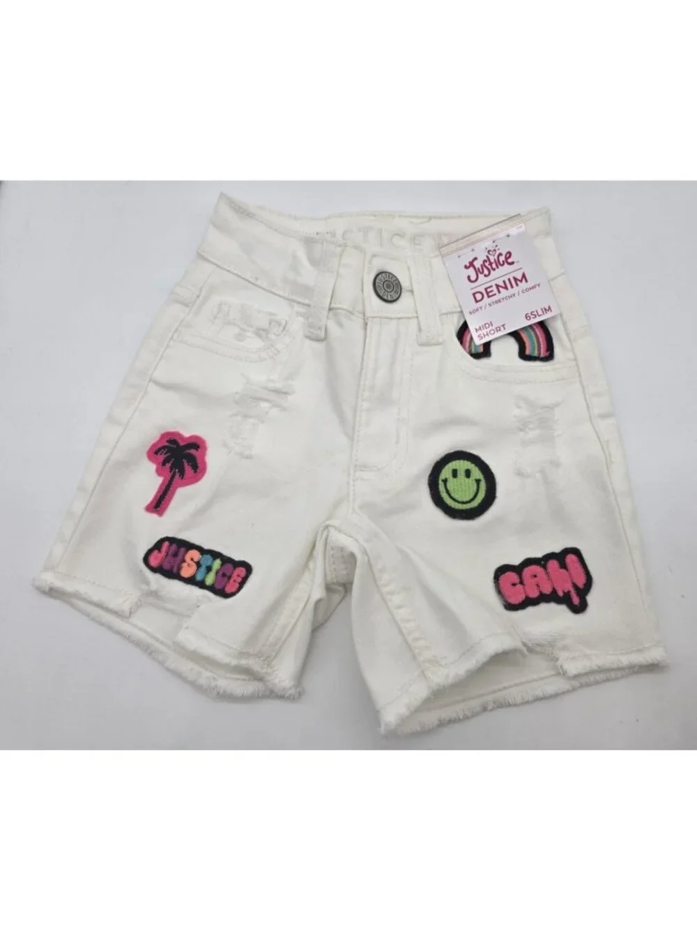 Justice Girl's Childs Shorts Size 6 Slim White Denim Cut Off Patches Midi Short